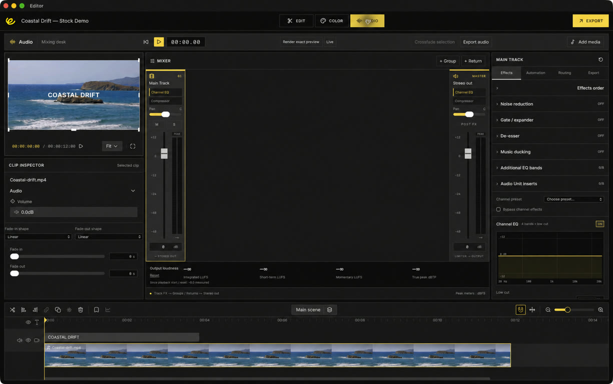 Editor audio workspace showing the Coastal Drift stock-media project