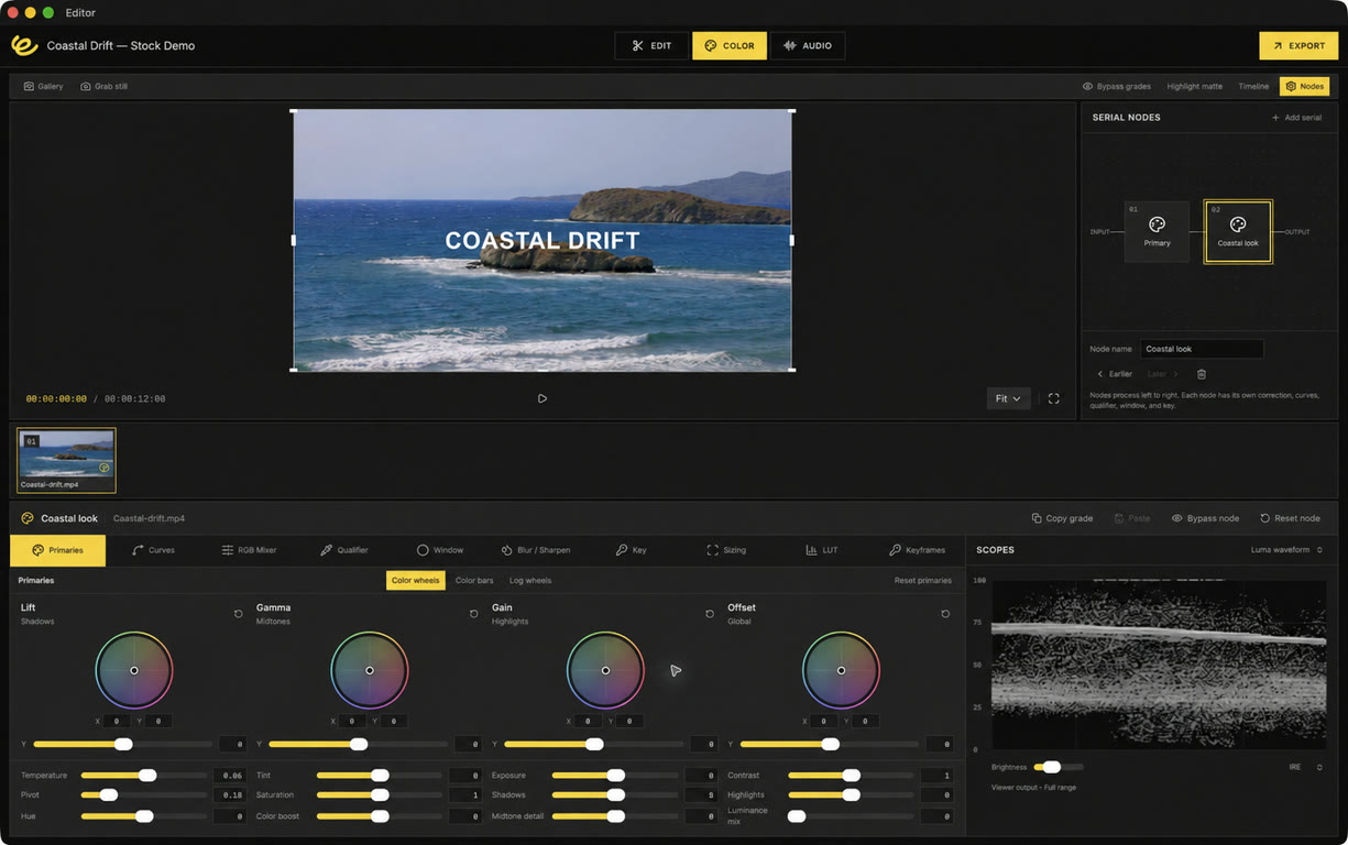 Editor color workspace showing the Coastal Drift stock-media project