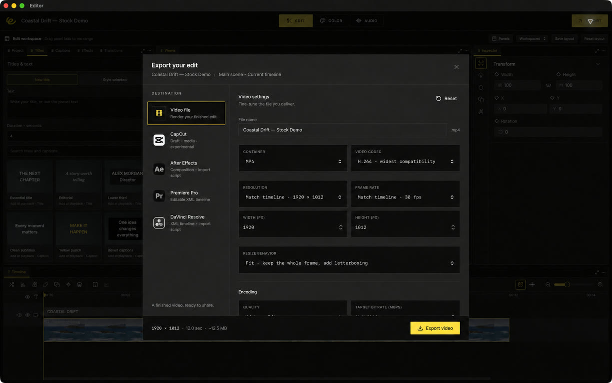 Editor export workspace showing the Coastal Drift stock-media project